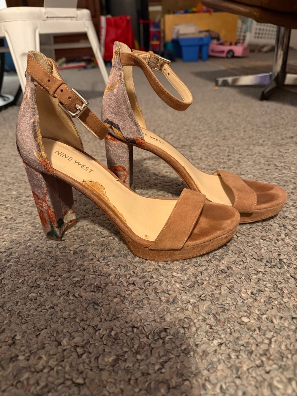 Nine West Tan Suede Ankle-Strap Block Heels with Floral Accents